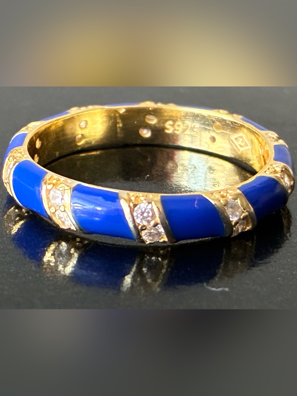 Sterling Silver Blue Enamel Band Ring with CZ Accents
